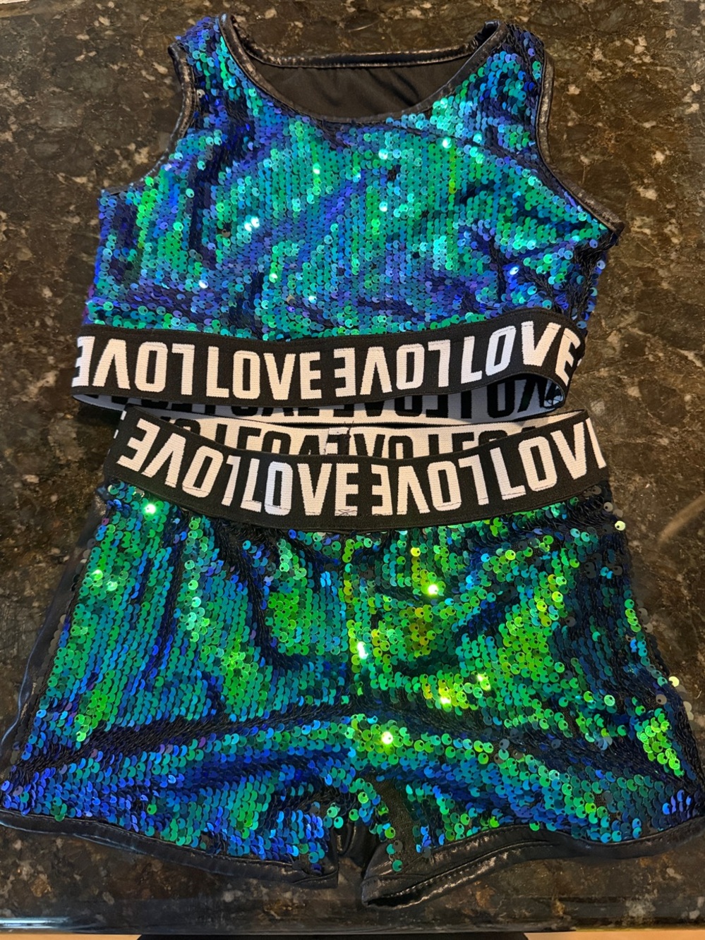 Love Kids Sequin Tank & Short Set in Blue-Green with Logo Waistband